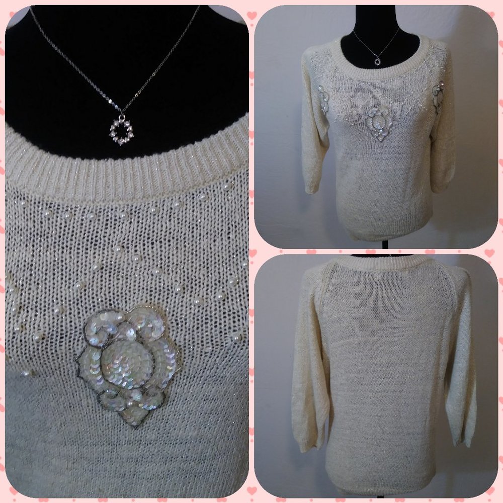 M David Benjamin Sequin & Pearl White Sweater